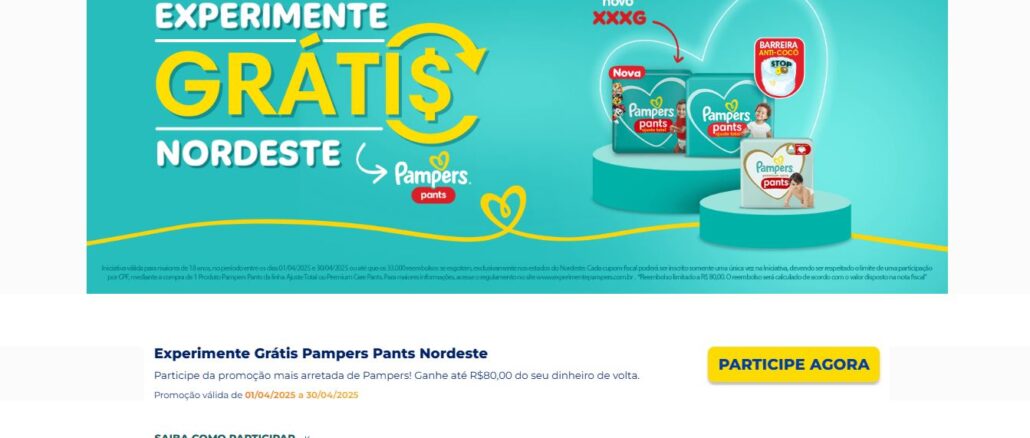 Experimente Grátis Pampers Nordeste Experimente Grátis Pampers Nordeste: Tenha um reembolso de até 80 reais