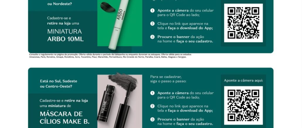 AMOSTRA GRATIS BOTICARIO MAKE B MINI MÁSCARA E ARBO ATLÂNTICA: Peça a sua pelo app, e retire na loja mais próxima.