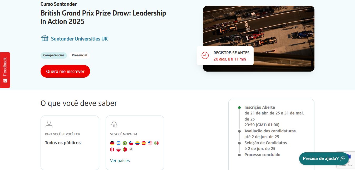 Promoção Curso Santander 2025 leva para GP F1 no Reino Unido