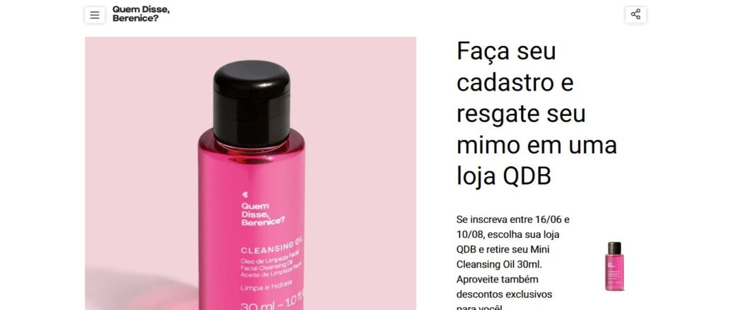 Amostra Grátis Mini Cleansing Oil 30ml QDB Quem Disse Berenice Amostra Grátis Mini Cleansing Oil 30ml QDB Quem Disse Berenice: Peça já a sua!