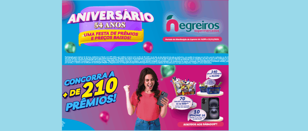 Aniversário 54 anos Negreiros Supermercados em São Paulo Aniversário 54 anos Negreiros Supermercados em São Paulo: Concorra a mais de 210 prêmios