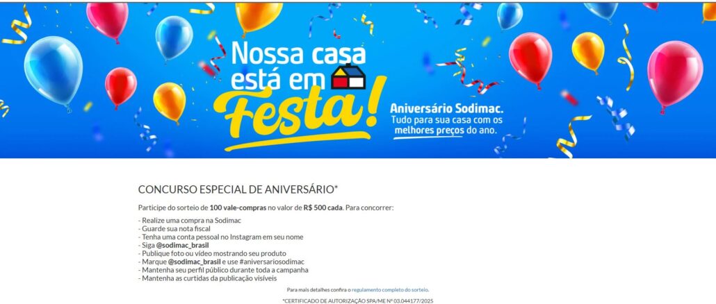 Concurso Aniversário Sodimac 2025 Concurso Aniversário Sodimac 2025: Concorra 100 vales de 500 reais cada