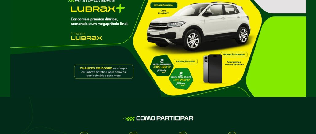 Promoção Pitstop da Sorte Lubrax+ Promoção Pitstop da Sorte Lubrax+: Concorra carro, celular, vale-combustível, e trocas de óleo.