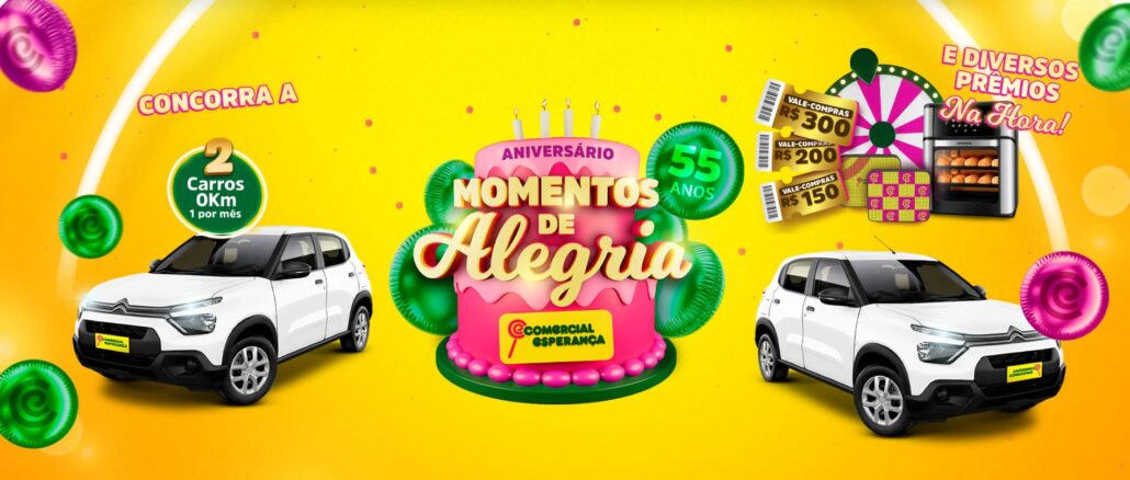 Momentos de Alegria Comercial Esperança - Aniversário 55 anos: Concorra carros 0km e vales pra gastar no mercado