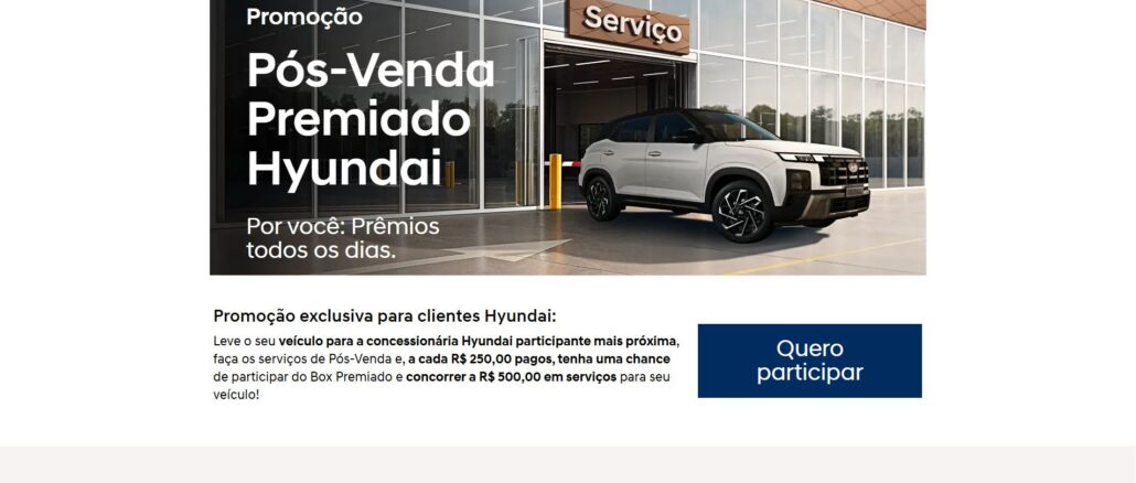 Promoção Pós-Venda Premiado Hyundai Promoção Pós-Venda Premiado Hyundai: Concorra a 900 mil reais em vouchers em serviços pro seu carro