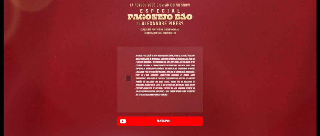 CONCURSO ESPECIAL PAGONEJO BÃO – ALEXANDRE PIRES: Participe e concorra ingressos pro show