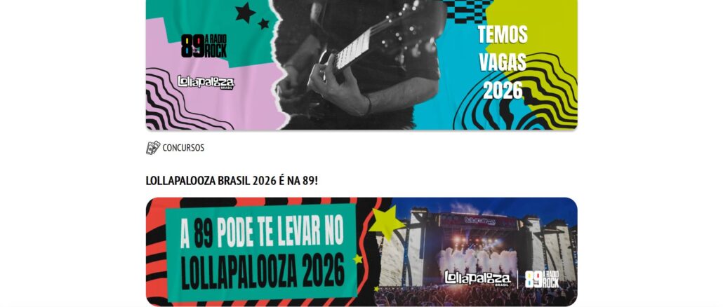 Concurso Lollapalooza 89FM 2026: Participe grátis e concorra ingressos