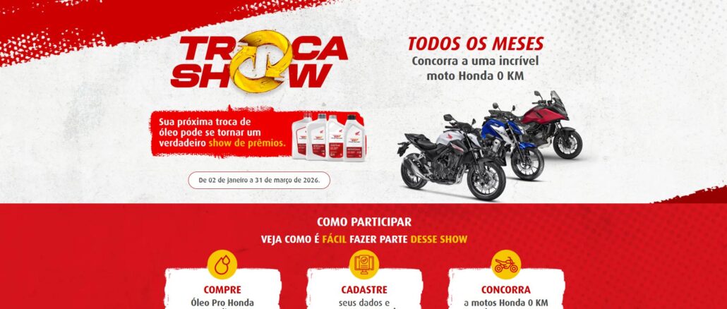 Troca Show Honda 2026 Troca Show Honda 2026: Concorra 3 motos da marca japonesa de motocicletas