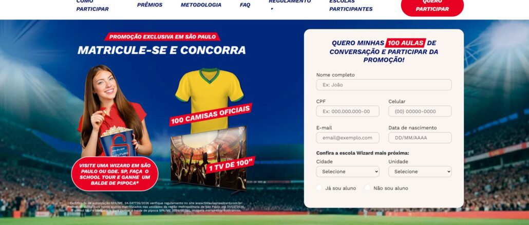 Promoção 100 aulas Wizard 100 camisas da seleção Promoção 100 aulas Wizard 100 camisas da seleção: Mais de 50 mil reais na premiação, apenas SP