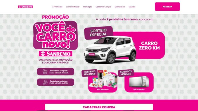 Promoção Sanremo 2026 - Você de carro novo: 130 mil reais na premiação total