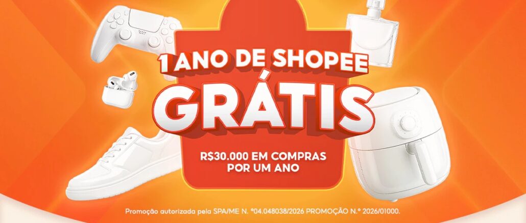 1 ano Shopee Grátis 3.3 2026 Banner promocional da Shopee com fundo laranja informando sobre a promoção de um ano de compras grátis. A imagem mostra o valor de R$30.000 e diversos produtos brancos como um controle de videogame, fones de ouvido, tênis, perfume e fritadeira elétrica flutuando ao redor do texto central.