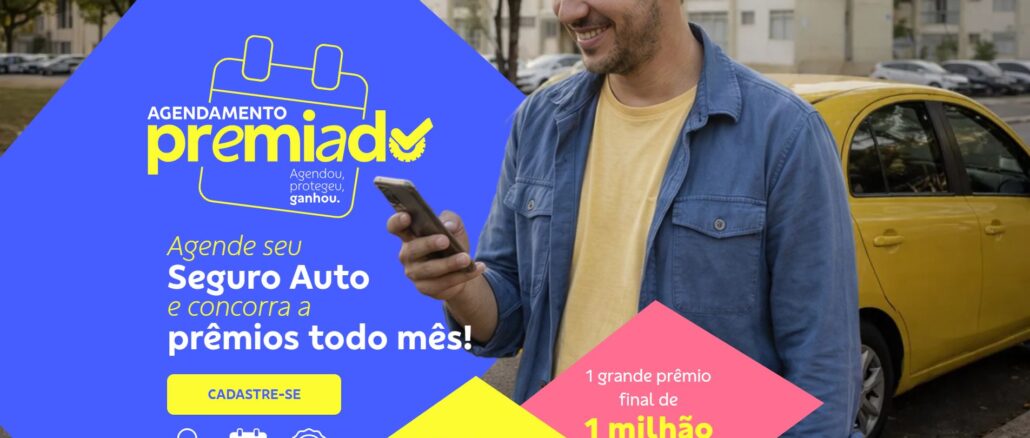 Imagem promocional do Agendamento Premiado com um homem sorridente usando celular ao lado de um carro amarelo, oferecendo prêmios em pontos Livelo para seguro auto.