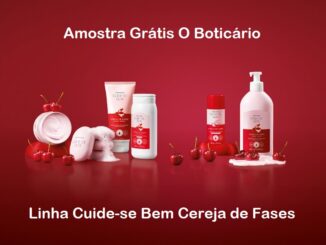 Publicidade da linha Cuide-se Bem Cereja de Fases de O Boticário com produtos em tons de rosa e vermelho dispostos sobre um fundo vermelho e decorados com cerejas frescas.