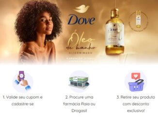 Publicidade do Óleo de Banho Dove Glicerinado apresentando uma modelo negra e as instruções para resgate de desconto nas farmácias.
