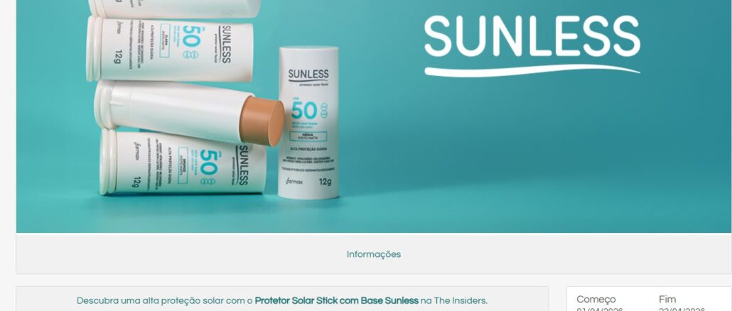 Página da campanha The Insiders para o Protetor Solar Stick com Base Sunless exibindo embalagens do produto em tons de bege e branco sobre um fundo verde água.