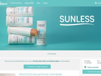 Página da campanha The Insiders para o Protetor Solar Stick com Base Sunless exibindo embalagens do produto em tons de bege e branco sobre um fundo verde água.