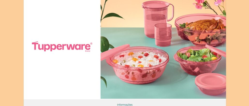 Captura de tela do site The Insiders destacando a campanha da linha Design da Tupperware com recipientes rosa translúcidos servindo diferentes tipos de alimentos em uma mesa colorida.