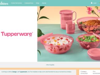 Captura de tela do site The Insiders destacando a campanha da linha Design da Tupperware com recipientes rosa translúcidos servindo diferentes tipos de alimentos em uma mesa colorida.