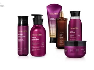 Imagem publicitária da linha Nativa SPA Rosas Secretas exibindo frascos magenta e pretos de hidratantes, body splash, óleo e sabonete líquido sobre fundo branco.
