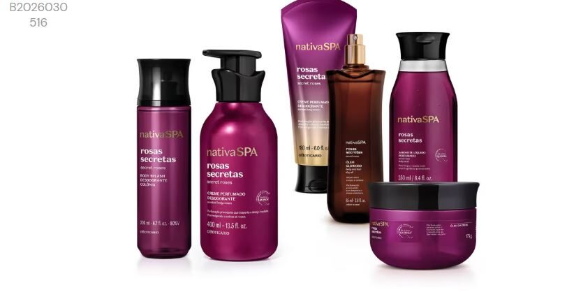 Imagem publicitária da linha Nativa SPA Rosas Secretas exibindo frascos magenta e pretos de hidratantes, body splash, óleo e sabonete líquido sobre fundo branco.