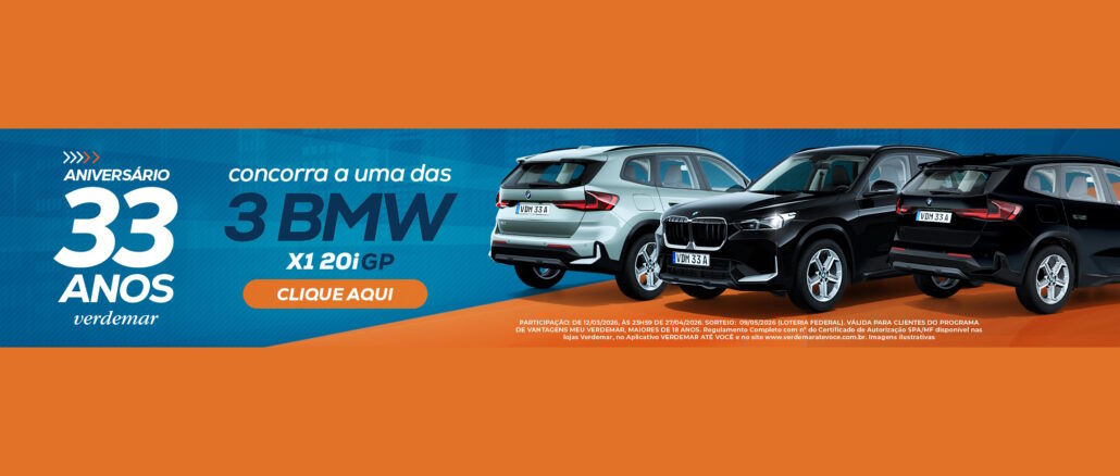 Banner publicitário de aniversário de 33 anos do Verdemar destacando o sorteio de três veículos BMW X1 20i GP.