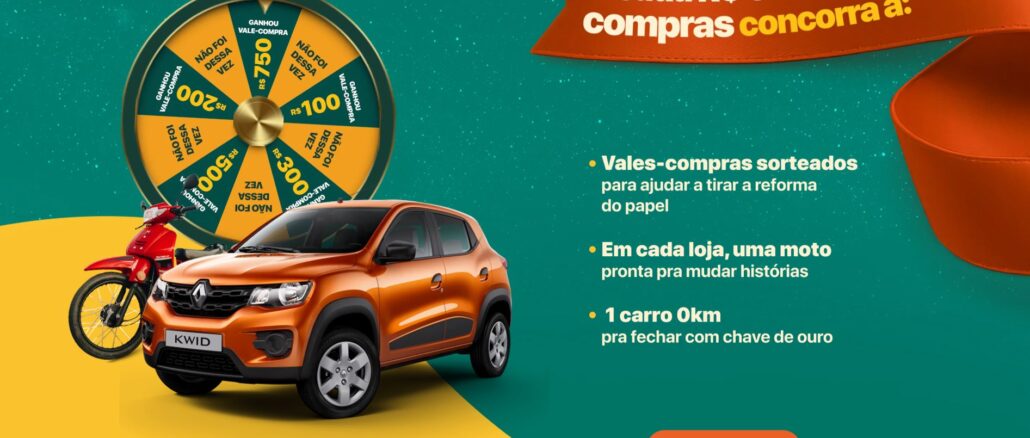Anúncio de promoção do Aniversário Premiado Carajás apresentando uma roleta de prêmios, um carro laranja e uma moto vermelha. O fundo combina tons de verde escuro e amarelo, com uma faixa laranja no topo indicando que a cada R$500 em compras o cliente concorre a diversos prêmios.