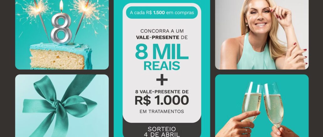 Aniversário Maislaser Ana Hickmann Banner promocional em tons de azul turquesa apresentando prêmios de aniversário. A imagem exibe um bolo com a vela número oito, uma mulher sorridente, um laço de presente e um brinde com taças de espumante.