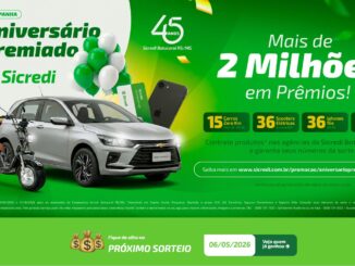 Banner publicitário da campanha Aniversário Premiado Sicredi em comemoração aos 45 anos da cooperativa. A imagem apresenta prêmios como um carro prata, uma scooter elétrica, um celular e cartões de presente sobre um fundo verde vibrante com detalhes em amarelo.