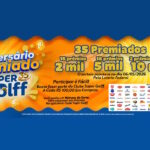 Banner publicitário do Aniversário Premiado 35 Anos Super Golff com fundo laranja e detalhes em azul. O texto destaca 35 prêmios em dinheiro, incluindo valores de R$2.000,00, R$5.000,00 e R$10.000,00. Explica a dinâmica de participação a cada R$100,00 em compras pelo aplicativo Clube Super Golff.