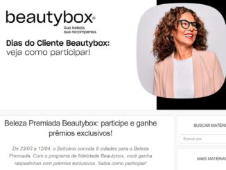 Banner promocional da marca Beautybox com o título Dias do Cliente e foto de uma mulher sorridente de blazer pêssego. O texto inferior detalha a campanha Beleza Premiada que ocorre entre março e abril.