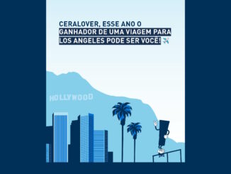 Ilustração gráfica em tons de azul com a silhueta da cidade de Los Angeles, incluindo o letreiro de Hollywood, palmeiras e prédios. Um personagem retangular azul escuro aparece andando de skate e fazendo o sinal de paz. O texto diz que o Ceralover pode ganhar uma viagem para Los Angeles este ano.