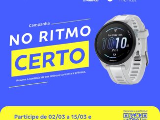 Anúncio da campanha No Ritmo Certo do Banco do Brasil e Wellz. A imagem apresenta um fundo azul com um relógio inteligente branco em destaque e uma faixa amarela na parte inferior com informações sobre prêmios e um código QR.