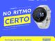 Anúncio da campanha No Ritmo Certo do Banco do Brasil e Wellz. A imagem apresenta um fundo azul com um relógio inteligente branco em destaque e uma faixa amarela na parte inferior com informações sobre prêmios e um código QR.