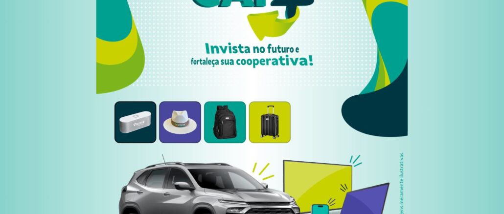 Arte publicitária da campanha CAP+ com fundo verde e azul, exibindo diversos prêmios como um carro SUV prata, televisor, notebook, smartphone e acessórios como mochila e mala.