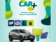 Arte publicitária da campanha CAP+ com fundo verde e azul, exibindo diversos prêmios como um carro SUV prata, televisor, notebook, smartphone e acessórios como mochila e mala.