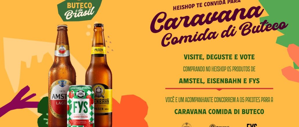 Banner promocional da Heishop para a Caravana Comida di Buteco com fundo amarelo e formas abstratas. Estão em destaque uma garrafa de cerveja Amstel, uma lata de refrigerante FYS e uma garrafa de cerveja Eisenbahn Pilsen. O texto anuncia a promoção para concorrer a cinco pacotes para o evento.