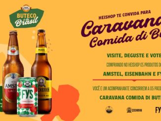 Banner promocional da Heishop para a Caravana Comida di Buteco com fundo amarelo e formas abstratas. Estão em destaque uma garrafa de cerveja Amstel, uma lata de refrigerante FYS e uma garrafa de cerveja Eisenbahn Pilsen. O texto anuncia a promoção para concorrer a cinco pacotes para o evento.