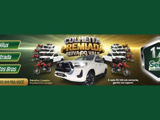 Banner promocional da campanha Colheita Premiada Seiva do Vale em comemoração aos 17 anos da marca com o sorteio de 17 veículos novos entre caminhonetes e motos.