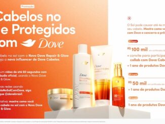 Imagem promocional da Dove para a campanha Cabelos no Sol e Protegidos. O anúncio apresenta a linha de produtos UV Repair & Glow e informa sobre um concurso para selecionar a nova influenciadora da marca, com prêmios de até R$100.000,00.