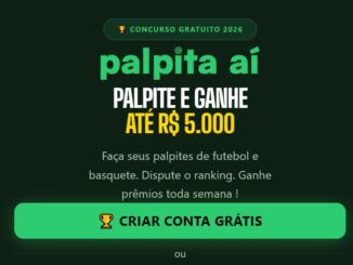 Anúncio do concurso gratuito palpita aí sobre palpites de futebol e basquete com prêmios de até R$5.000 e botão para criar conta grátis.