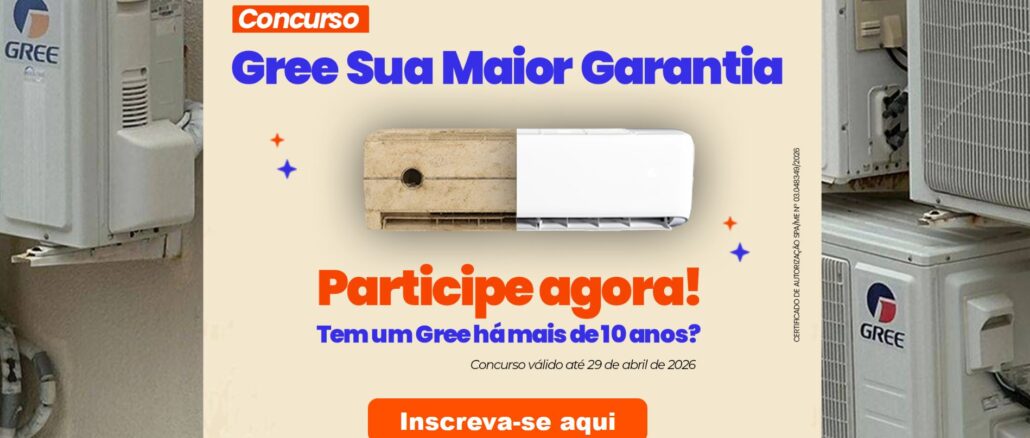Concurso Gree Sua Maior Garantia Banner publicitário do concurso Gree Sua Maior Garantia com destaque para a renovação de aparelhos de ar-condicionado antigos.