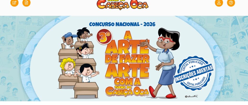 Ilustração digital colorida anunciando o Concurso Nacional 2026 da Turma do Cabeça Oca com personagens em uma sala de aula e um carimbo de inscrições abertas.