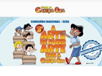Ilustração digital colorida anunciando o Concurso Nacional 2026 da Turma do Cabeça Oca com personagens em uma sala de aula e um carimbo de inscrições abertas.