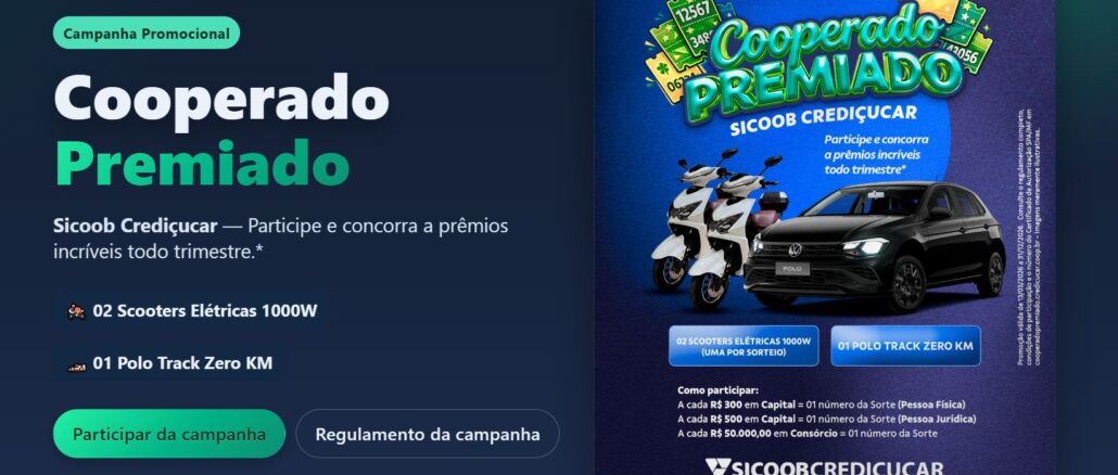 Banner promocional da campanha Cooperado Premiado do Sicoob Crediçucar exibindo um carro Polo Track preto, duas scooters elétricas e detalhes sobre como obter números da sorte.