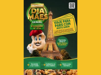 Cartaz publicitário da Croissant & Cia para a promoção de Dia das Mães oferecendo uma viagem para Paris com acompanhante.