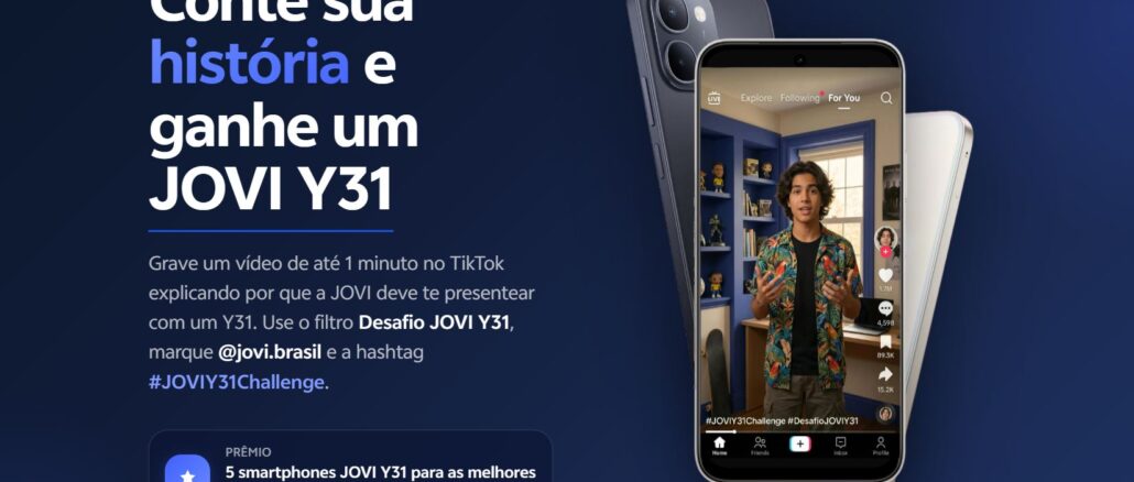 Desafio Jovi Y31 2026 Anúncio da campanha promocional da JOVI Brasil. A imagem apresenta as regras para participar de um desafio no TikTok e concorrer a smartphones JOVI Y31.