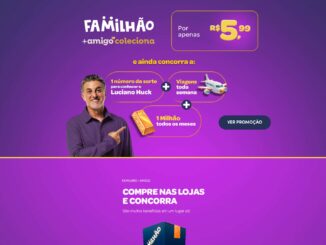 Publicidade do Familhão com Luciano Huck sobre fundo roxo. O anúncio destaca o valor de R$5,99 e prêmios como um milhão de reais por mês, viagens semanais e um encontro com o apresentador.