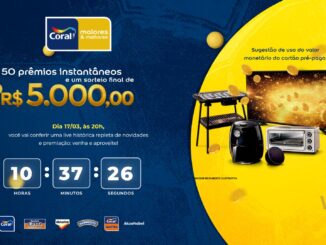 Banner promocional da marca de tintas Coral anunciando a campanha maiores e melhores. O anúncio destaca o sorteio final de R$5.000,00 e 50 prêmios instantâneos. No centro há um cronômetro regressivo e no lado direito ilustrações de eletrodomésticos cercados por moedas douradas flutuantes sobre um fundo azul e amarelo.
