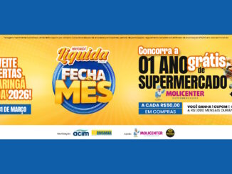 Banner publicitário da campanha Maringá Liquida 2026 Fecha Mês, com fundo amarelo e informações sobre sorteios de supermercado grátis.