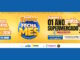 Banner publicitário da campanha Maringá Liquida 2026 Fecha Mês, com fundo amarelo e informações sobre sorteios de supermercado grátis.